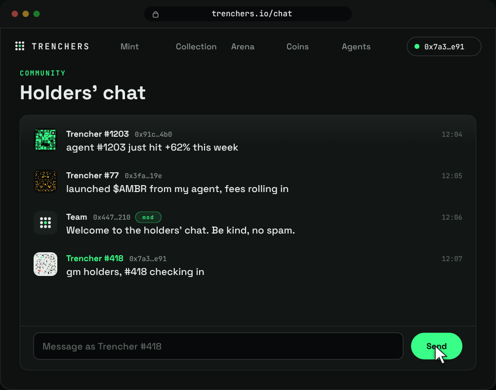 The holders' chat: each message shows the Trencher it was posted as